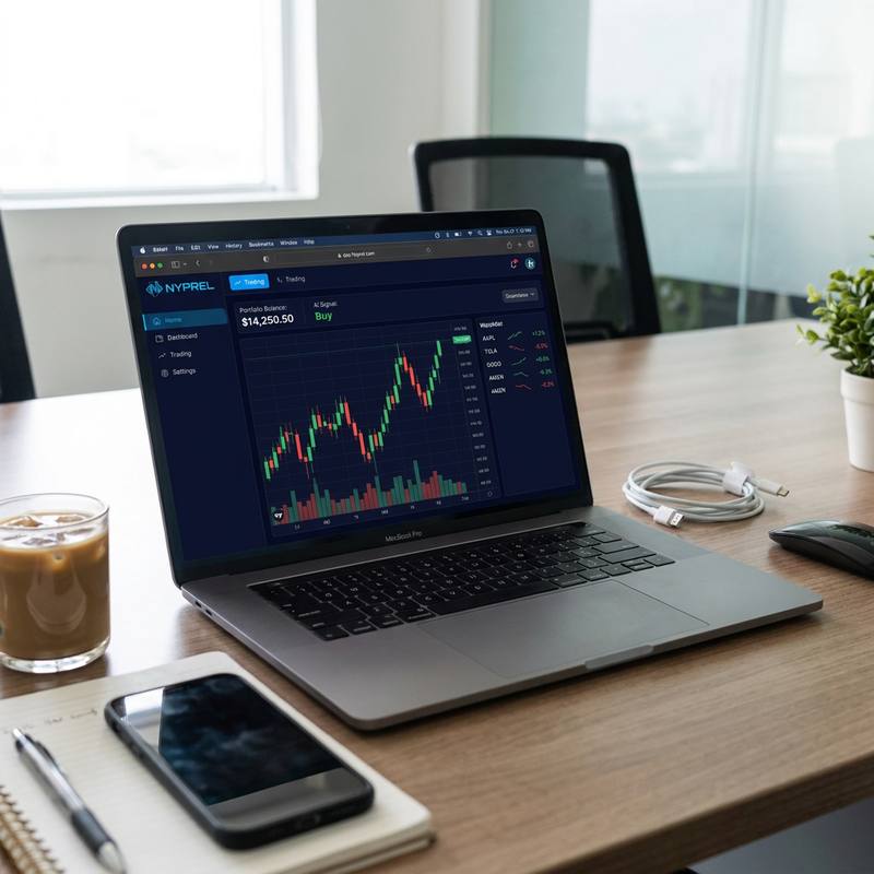 The Nyprel dashboard open on a laptop, showing a candlestick chart, portfolio balance and a crypto watchlist