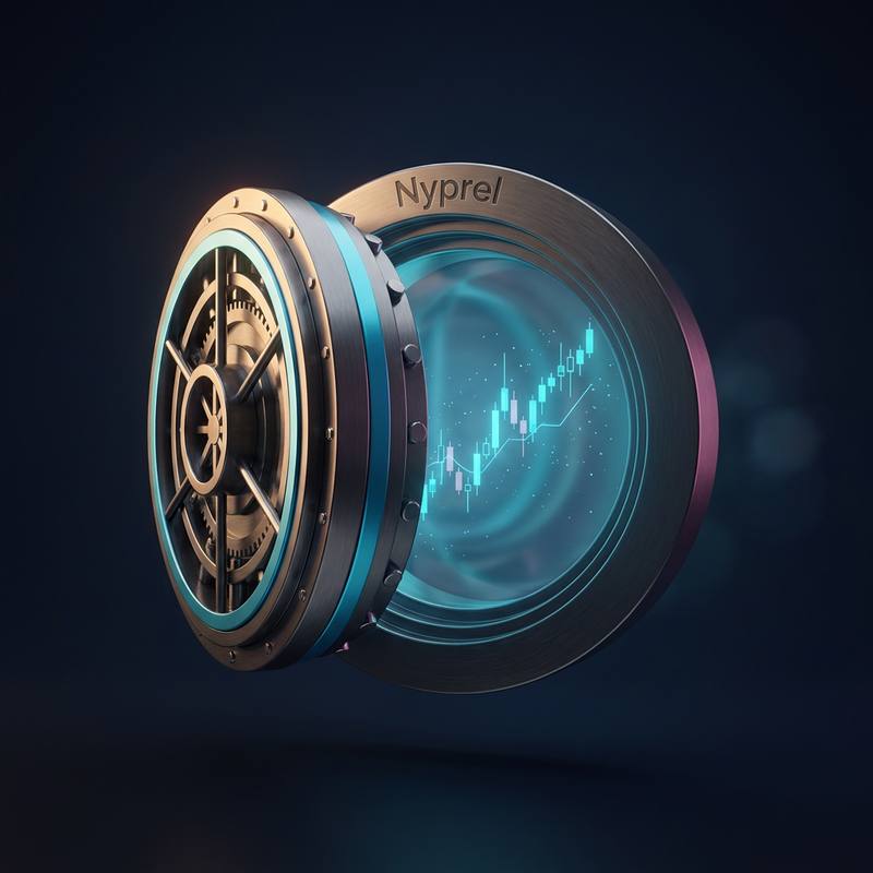 A sealed digital vault ringed in metal bearing the Nyprel mark, a rising chart visible within