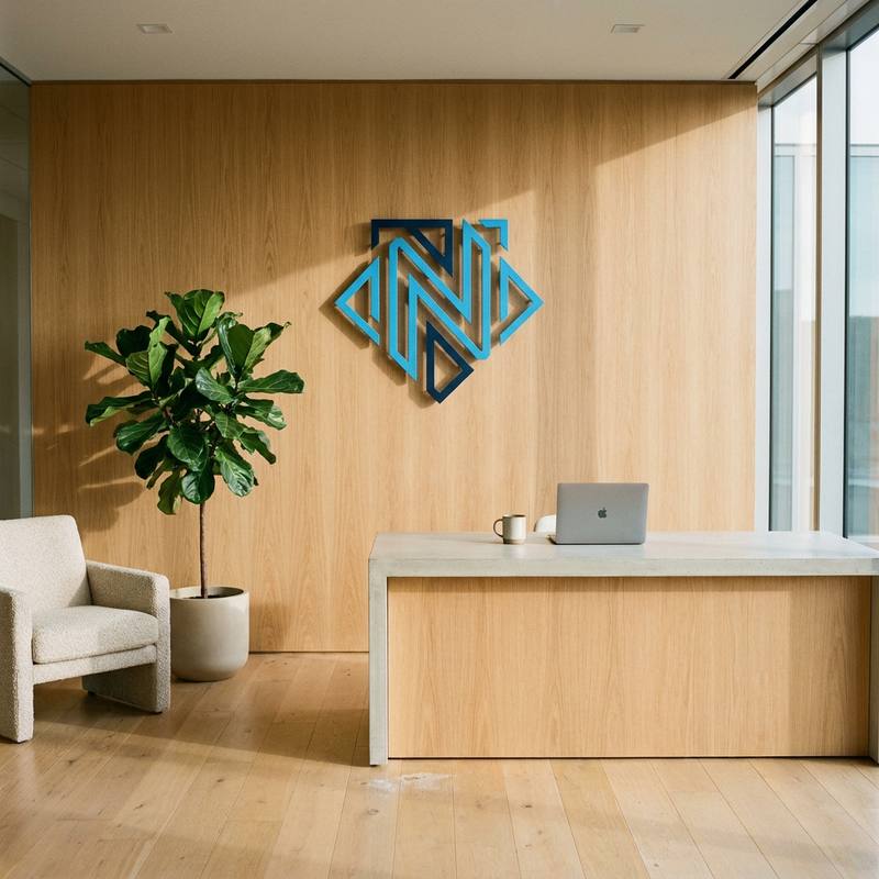 The Nyprel reception area, an illuminated N monogram on a wood-panelled wall above a seating area