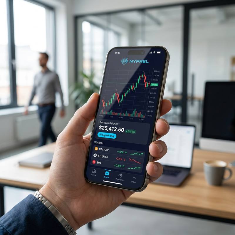 A hand holding a phone showing the Nyprel app with a candlestick chart, portfolio balance and watchlist, a desk workspace behind it